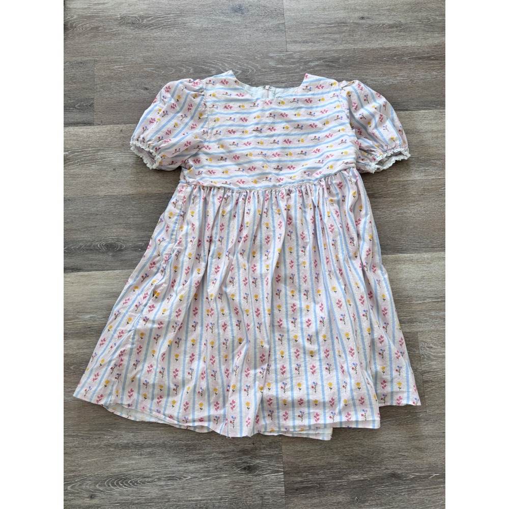 English Factory Floral‎ Stripe Cotton Babydoll Dress Puff Sleeve Pink Blue Large